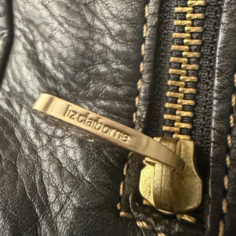 Liz Claiborne Briefcase Tote Bag Women's Black Leather Contrast Stitch Front Zip